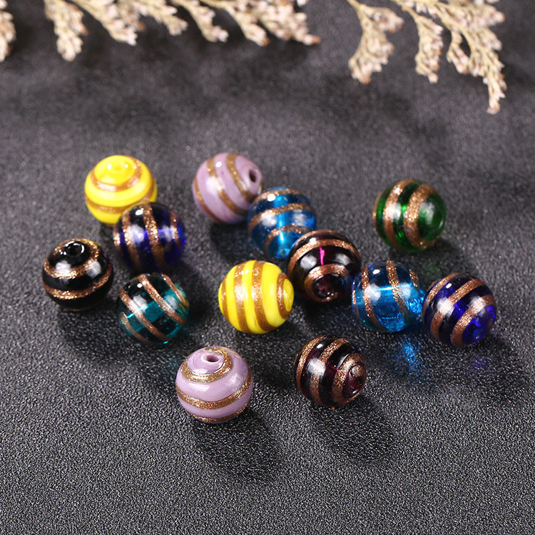 Vintage Gilded Striped Lampwork Glass Beads 8mm 10mm 12mm 1pc 2