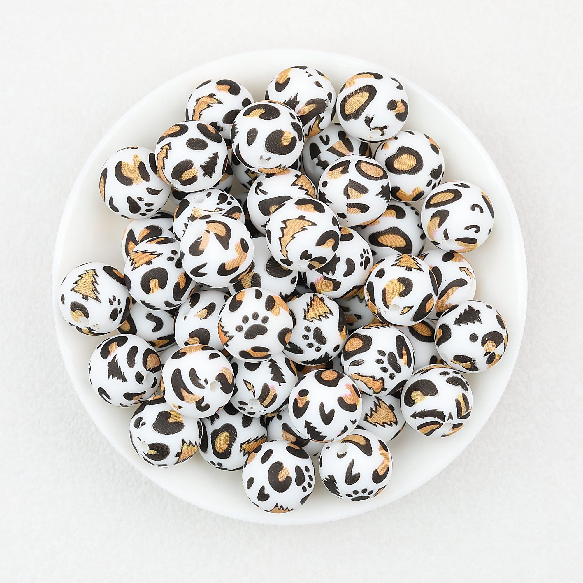 15mm Colored Leopard Print Round Silicone Beads 50pcs - Snow Paw