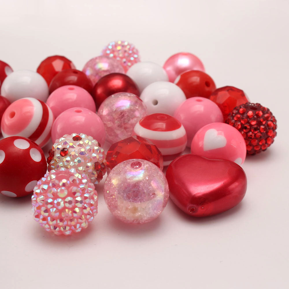 Bubblegum Beads 20mm Red Pink White Valentine Hearts Chunky Mix 50pcs