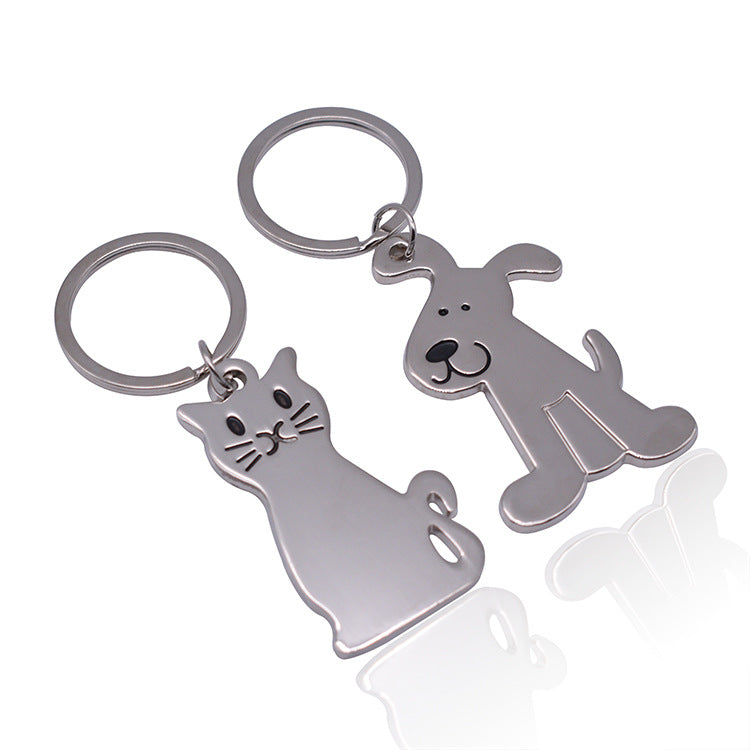 Metal Cat and Dog Keychain Silver Tone Animal Design
