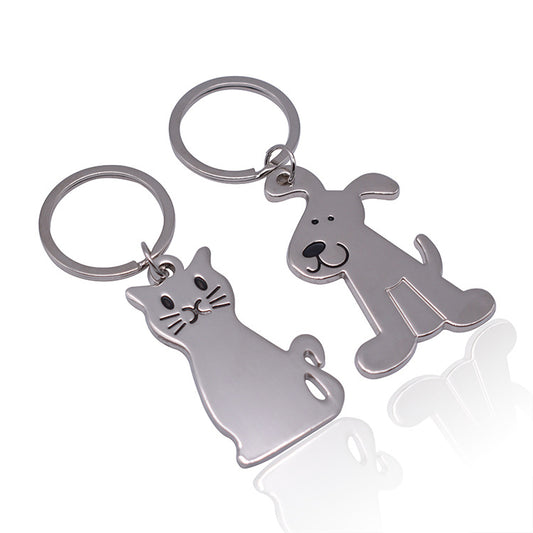 Metal Cat and Dog Keychain Silver Tone Animal Design