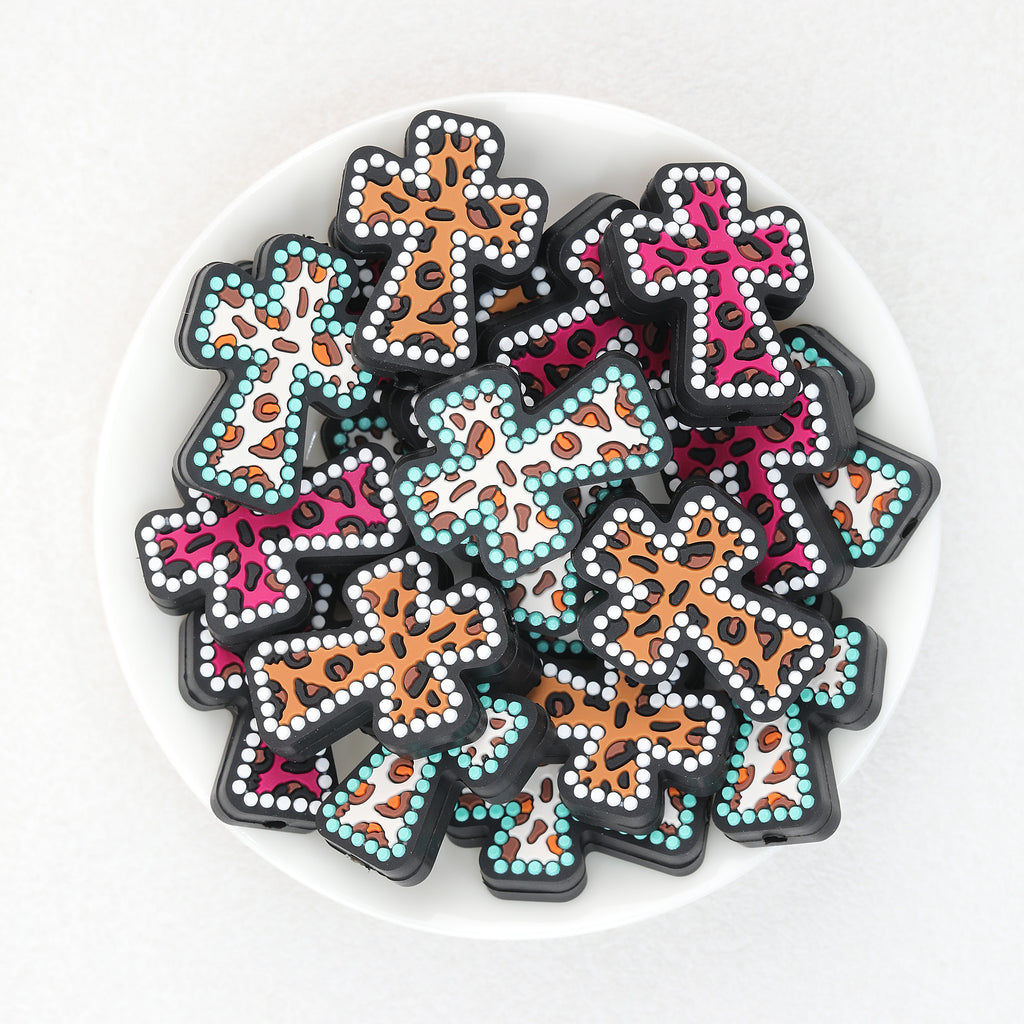 Leopard Print Cross Silicone Focal Beads 20Pcs  2