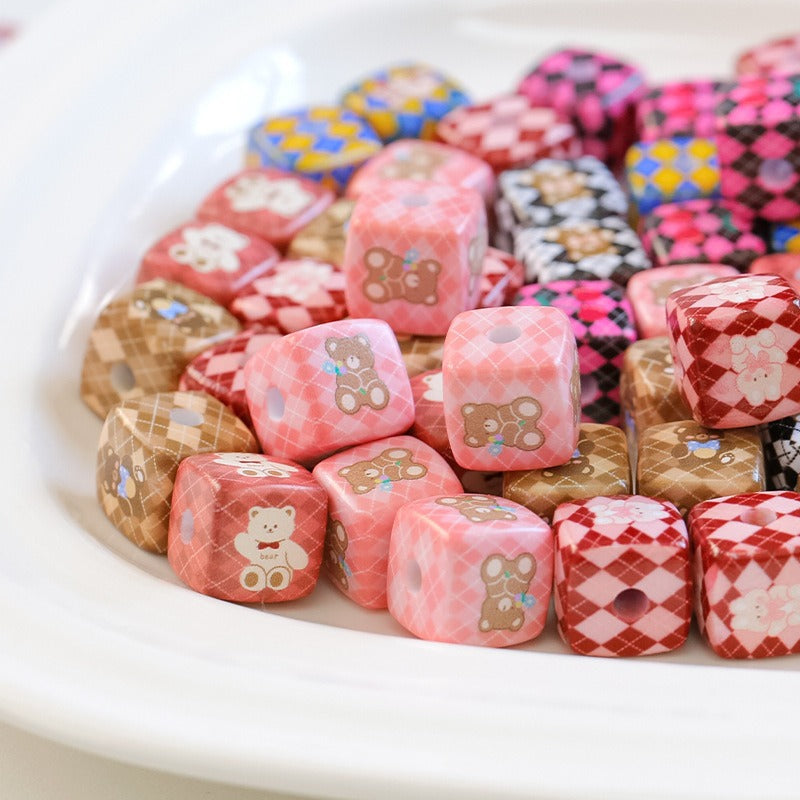 Cherry Bear Rabbit Square Acrylic Beads 14mm Playful Pattern 5pcs 3