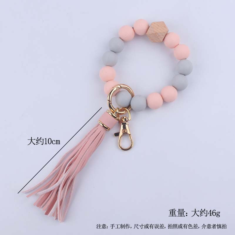 Silicone Beaded Wristlet Keychain with Leather Tassel and Octagonal Wood Accent 5