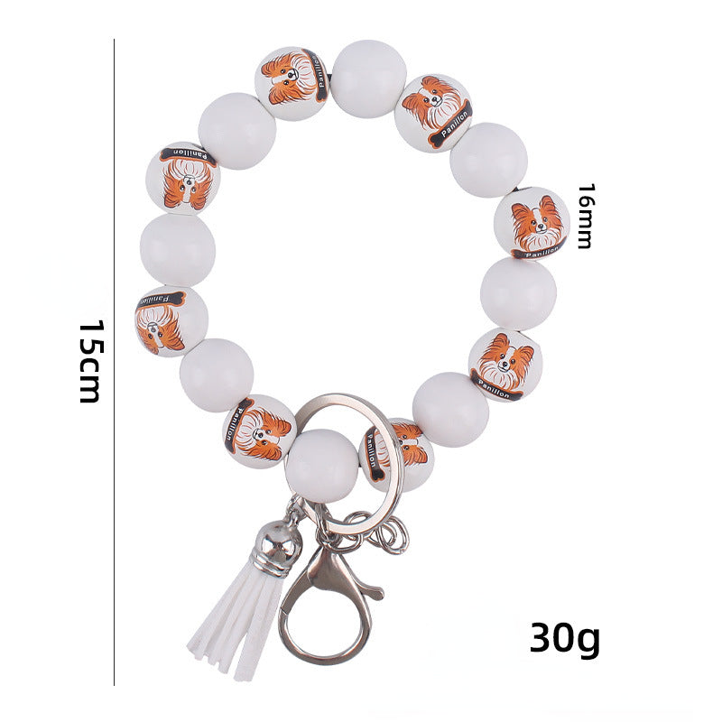 Wooden Dog Silicone Bead Tassel Wristlet Keychain Pomeranian Husky Beagle Bulldog 5
