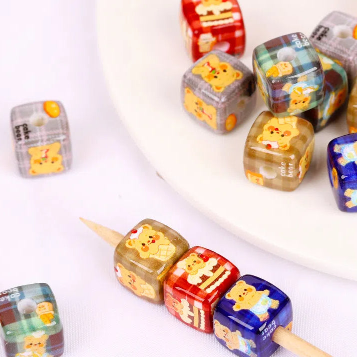Vintage Plaid Butterbear Printed Acrylic Square Beads 14mm 10pcs