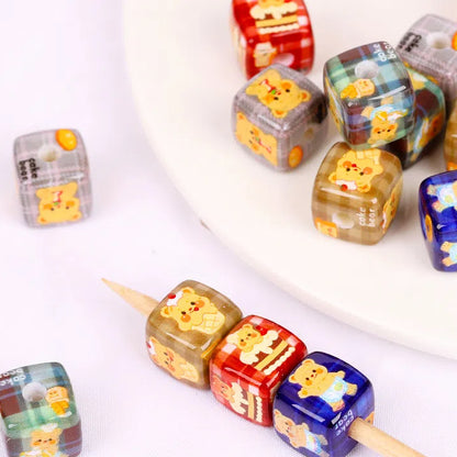Vintage Plaid Butterbear Printed Acrylic Square Beads 14mm 10pcs