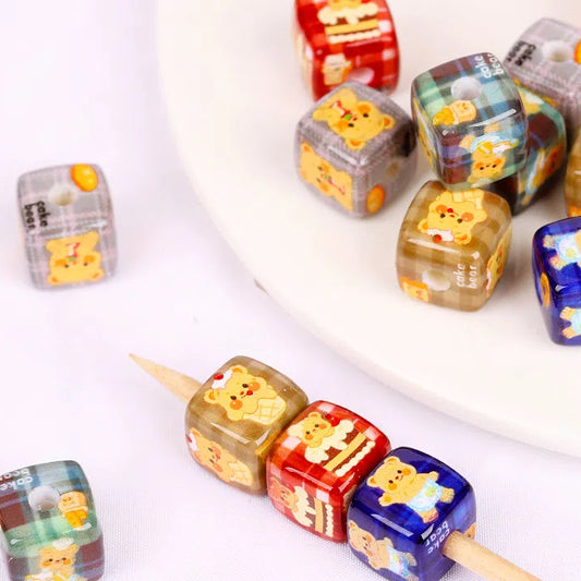 Vintage Plaid Butterbear Printed Acrylic Square Beads 14mm 10pcs
