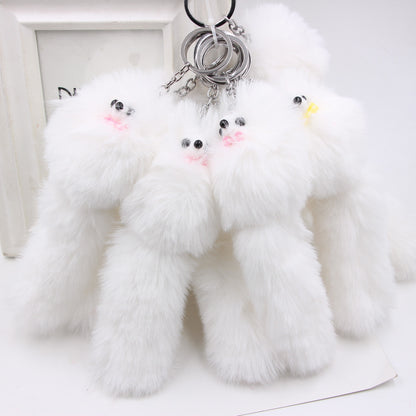 Plush Fox Keychain Soft White Faux Fur Curly Tail Animal Charm 5