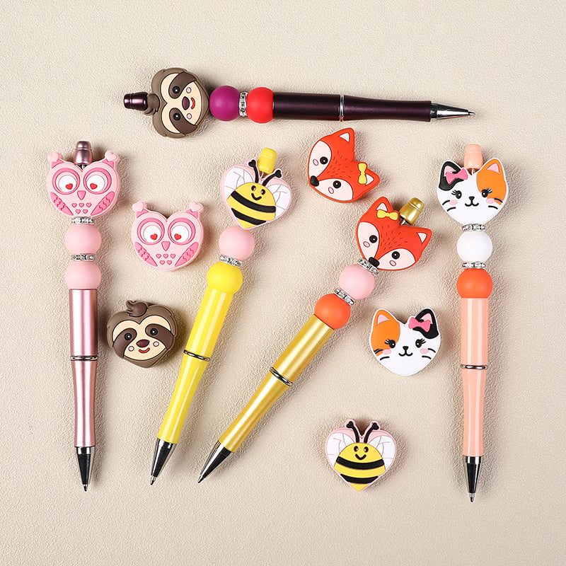 Silicone Focal Beads Valentine Day Heart Shaped Bee Owl Fox Sloth Kitten 20pcs 3