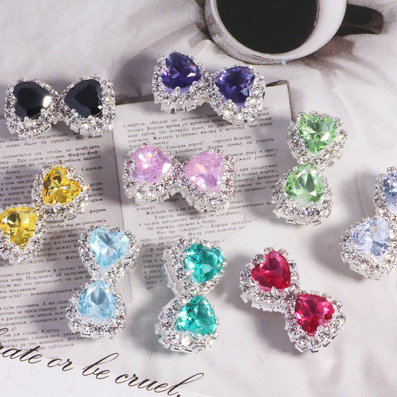 18mm Double-Sided Alloy Heart and Bow Rhinestone Beads 2pcs