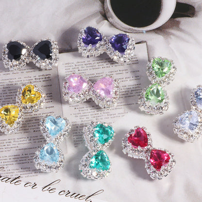 18mm Double-Sided Alloy Heart and Bow Rhinestone Beads 2pcs