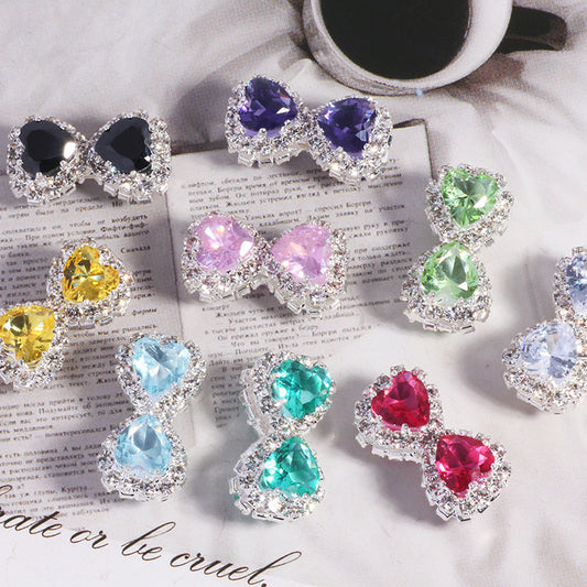 18mm Double-Sided Alloy Heart and Bow Rhinestone Beads 2pcs