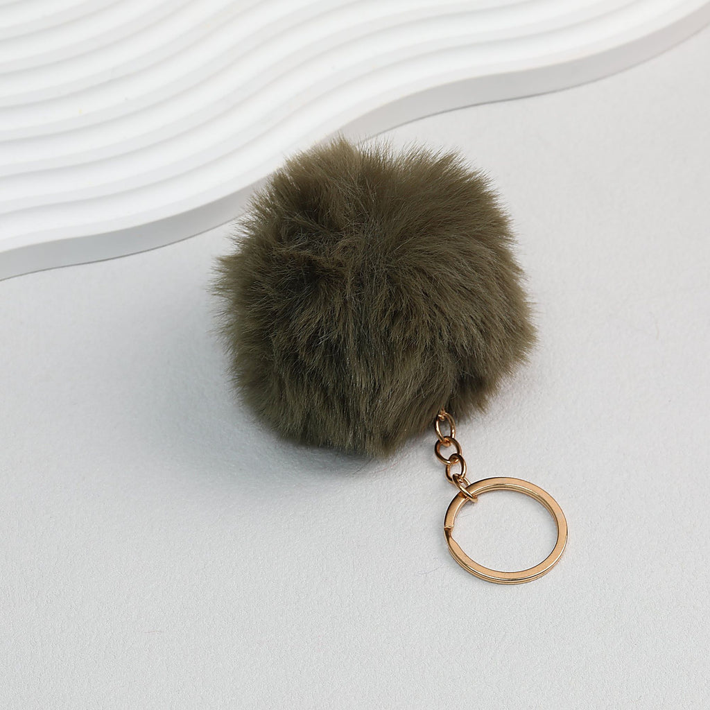 Pom Pom Keychain Plush Violet Faux Fur Ball Gold Ring 8cm - Army Green