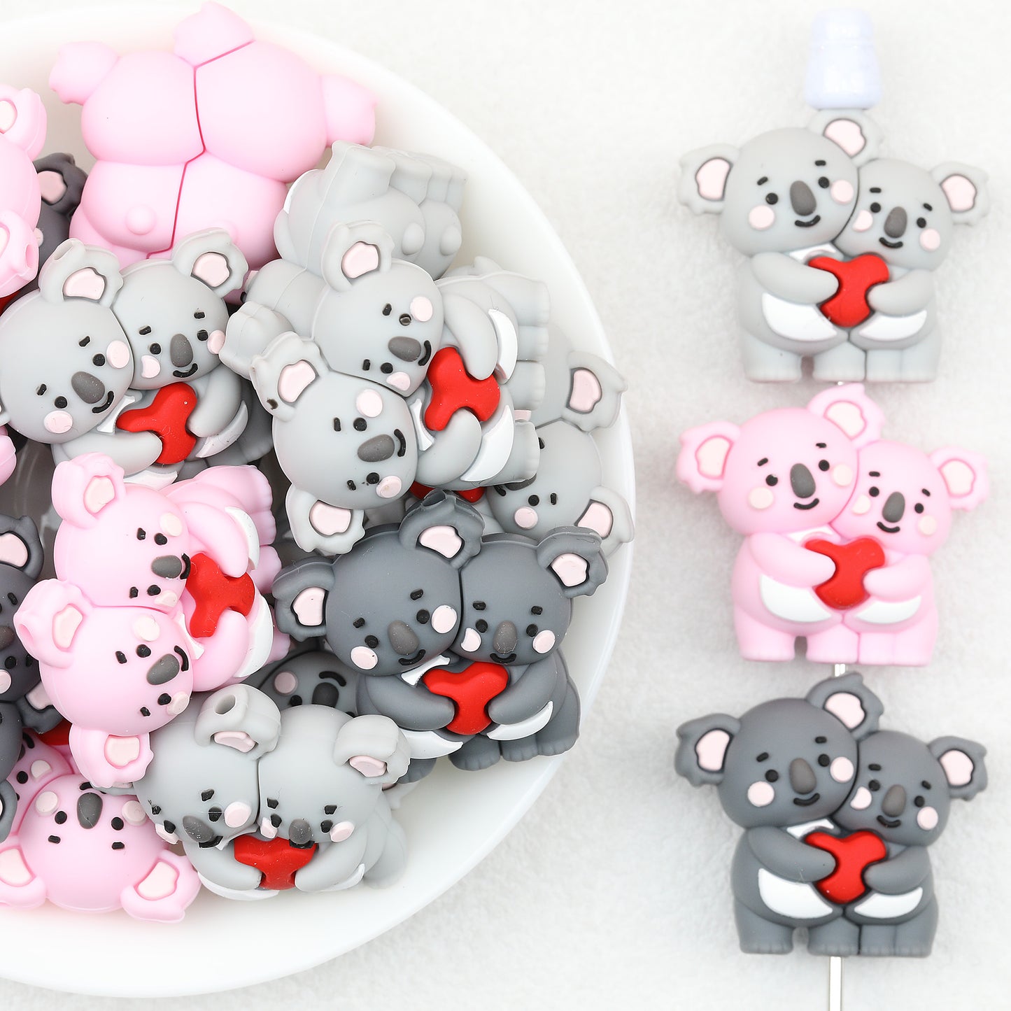 3D Heart Parent Child Koala Silicone Focal Beads 20pcs