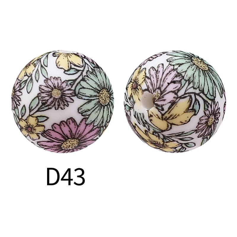 50Pcs 15mm Colored pattern printed silicone beads 45