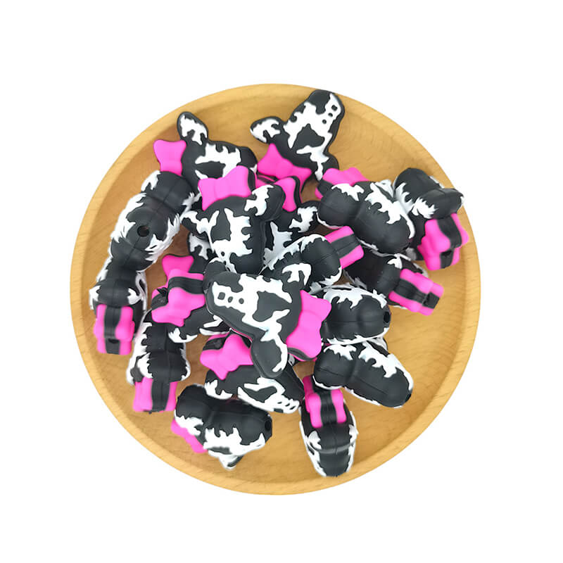 Silicone 3D Focal Beads Highland Cow Pink Bow Black and White 3