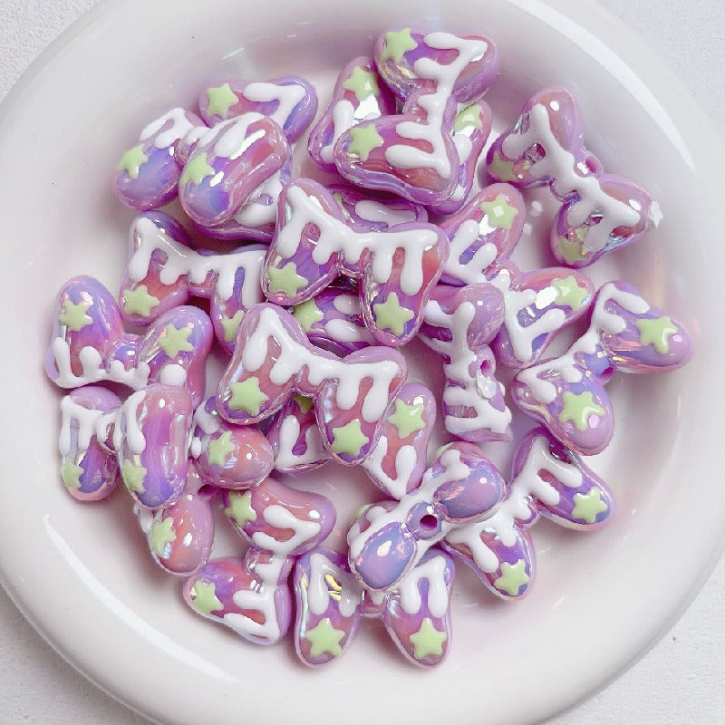 Hand-Painted Bow Heart Acrylic Beads 21×29mm Glossy Pastel 5pcs 14