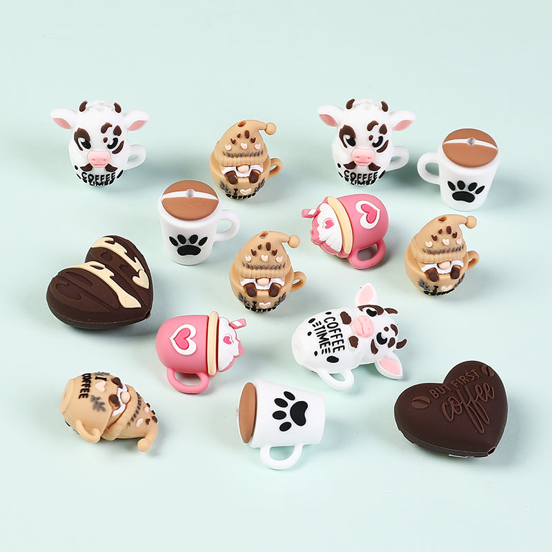 3D Coffee-Themed Silicone Focal Beads Cute Coffee Cups 20pcs 3