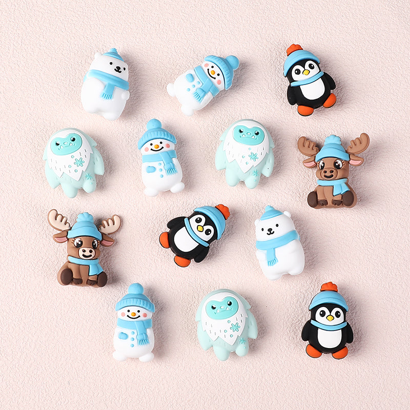 Silicone 3D Focal Beads Winter Theme Polar Bear Snow Monster Wearing Hats 20pcs 5