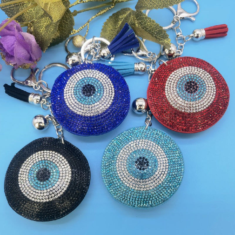 Rhinestone Evil Eye Keychain Alloy Round Colorful Tassel Charm