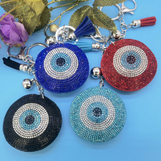 Rhinestone Evil Eye Keychain Alloy Round Colorful Tassel Charm