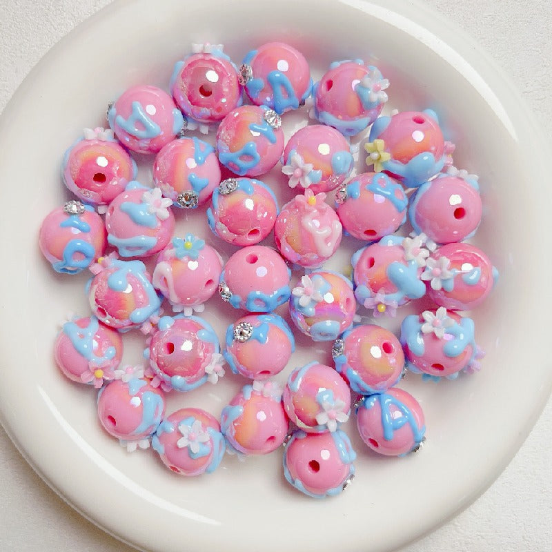 Hand Painted Rhinestone Flower Acrylic Round Beads 16mm 5pcs 4