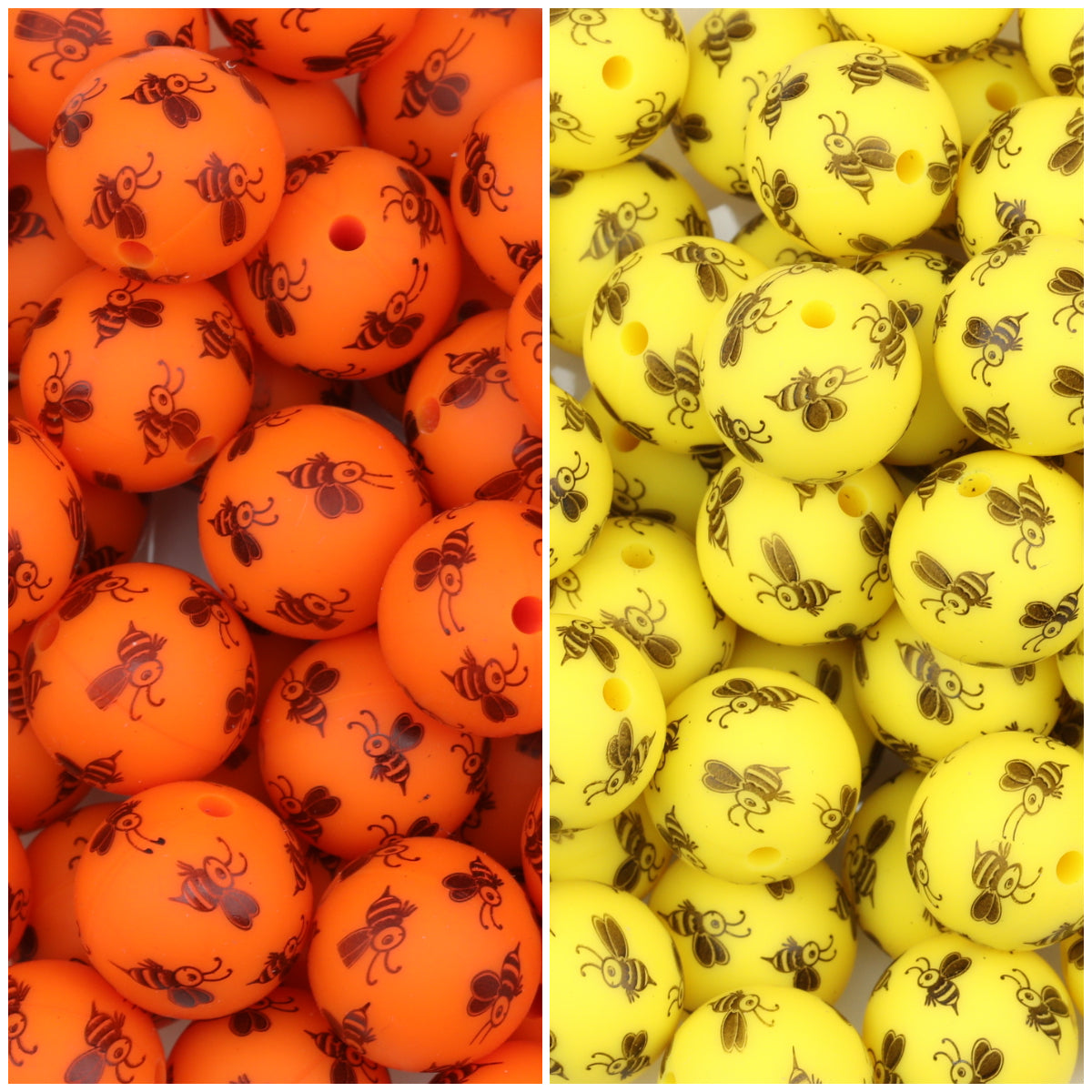15mm Bee Pattern Printed Round Silicone Beads 50pcs