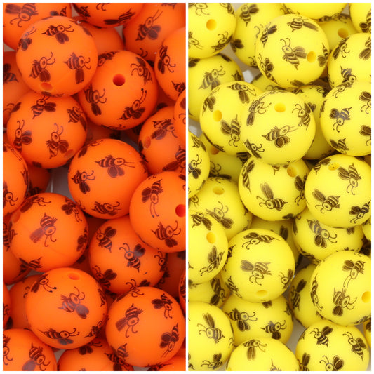 15mm Bee Pattern Printed Round Silicone Beads 50pcs