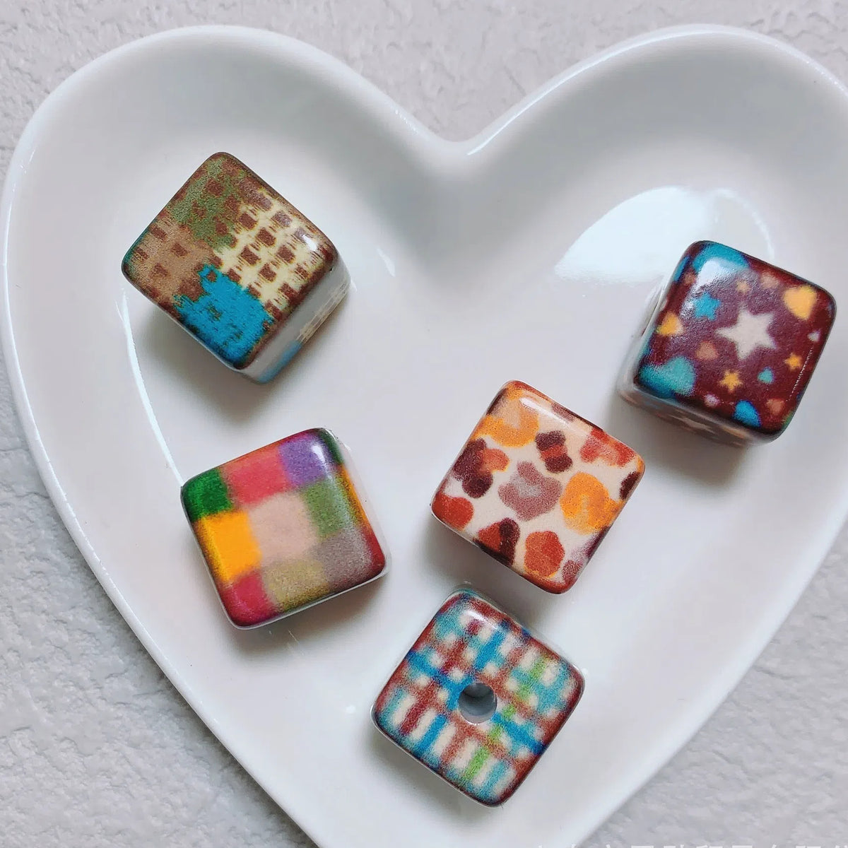 Square Acrylic Beads 15.27mm Mild Winter Color Grid Star Pattern 10pcs