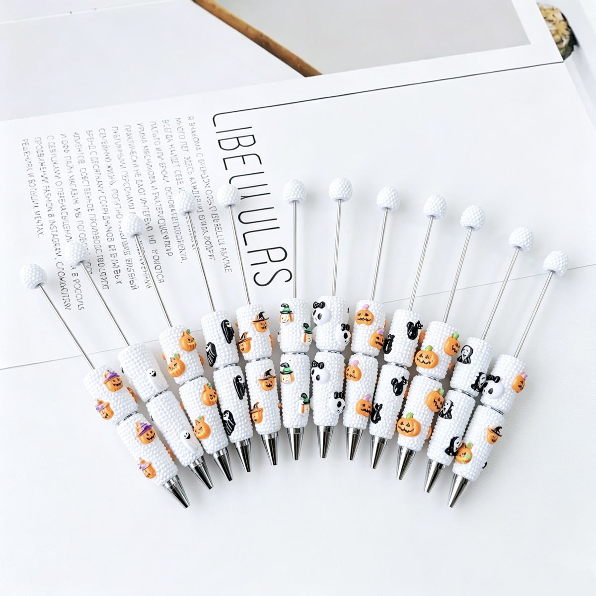 Beadable Halloween Pen with Pumpkin Ghost and Skull Designs 3