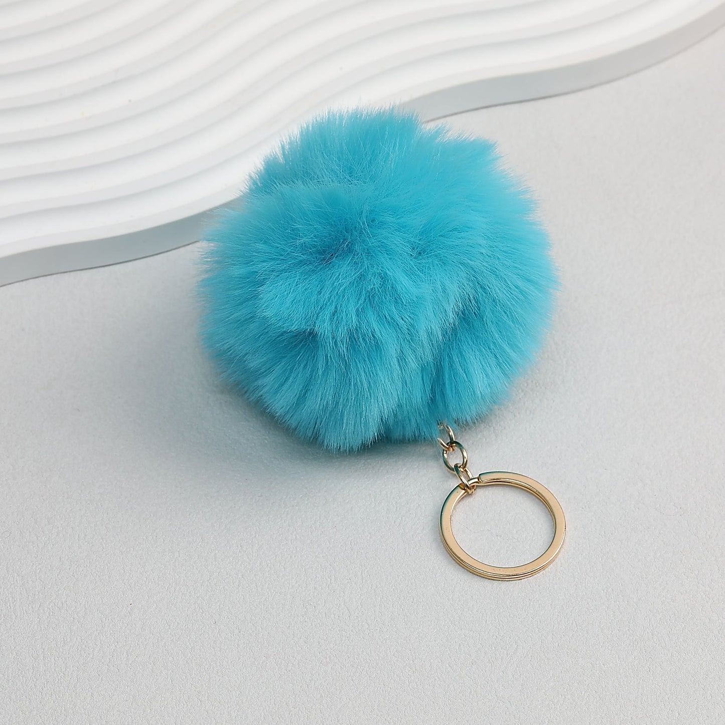 Pom Pom Keychain Plush Violet Faux Fur Ball Gold Ring 8cm - Bright blue