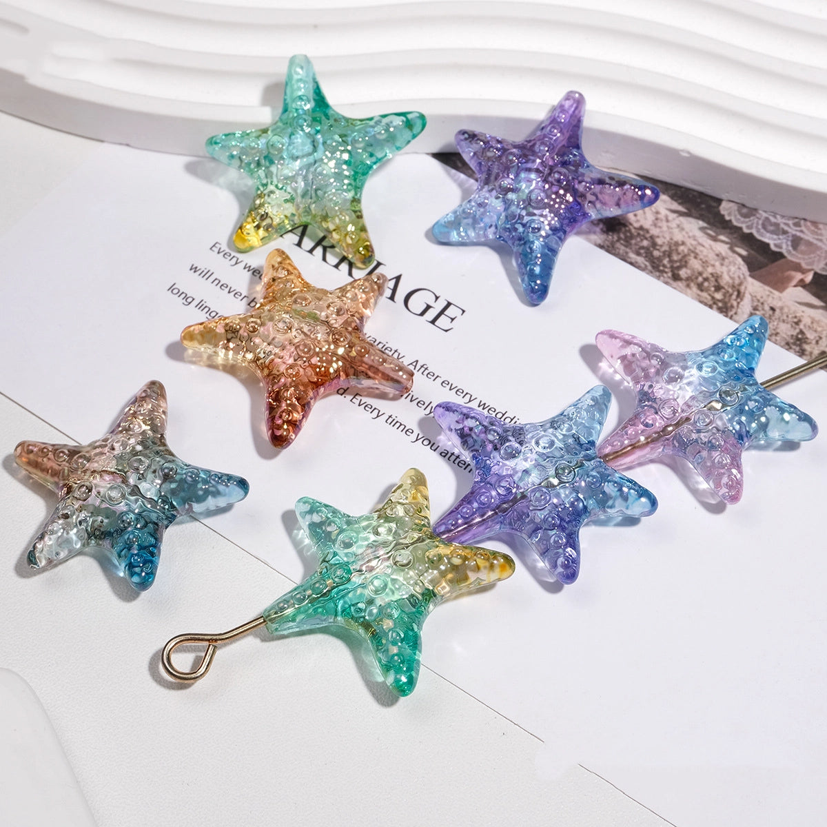 Transparent Gradient Starfish Acrylic Beads 35mm Colorful Textured 10pcs