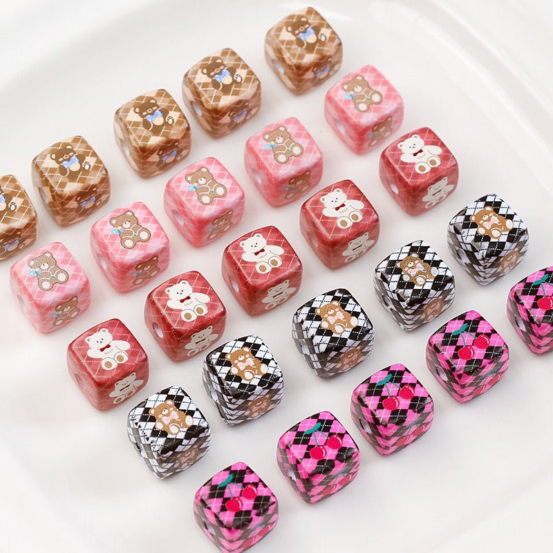 Cherry Bear Rabbit Square Acrylic Beads 14mm Playful Pattern 5pcs