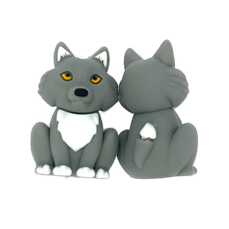 Silicone 3D Focal Beads Grey Wolf Amber Eyes Sitting Pose