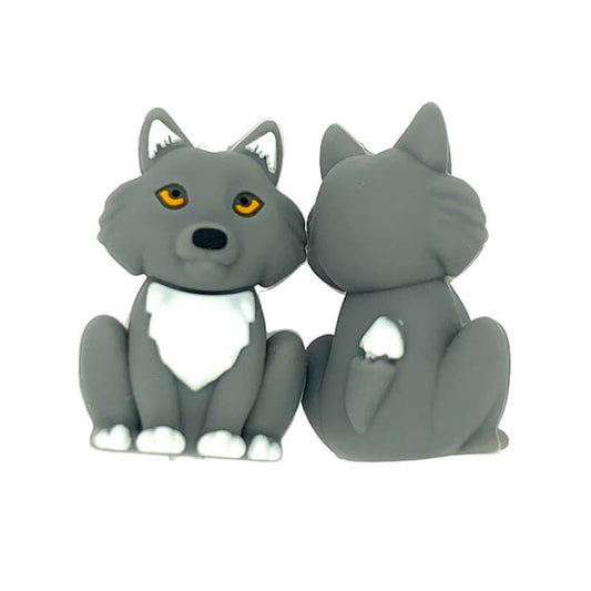 Silicone 3D Focal Beads Grey Wolf Amber Eyes Sitting Pose