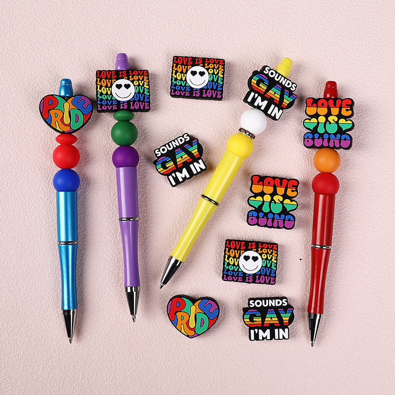 Silicone Focal Beads Rainbow Pride Bold Typography Hearts 20pcs 7