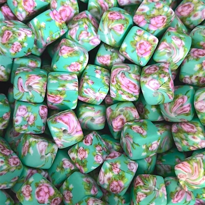 13.5mm Square Silicone Beads Printed Designs Mix 50pcs 7