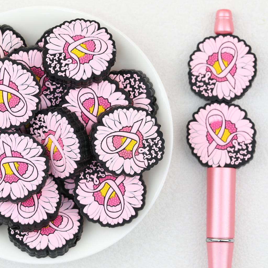  Pink Ribbon Flower Silicone Focal Beads 20Pcs