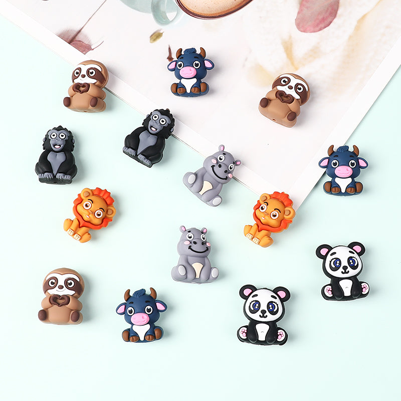 Silicone 3D Focal Beads Animal Panda Lion Sloth Hippopotamus Cow Sitting Pose 20Pcs 6