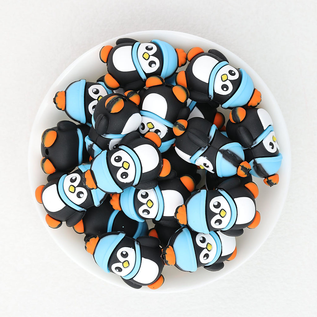 3D Winter Penguin Silicone Focal Beads with Blue Scarf 20pcs