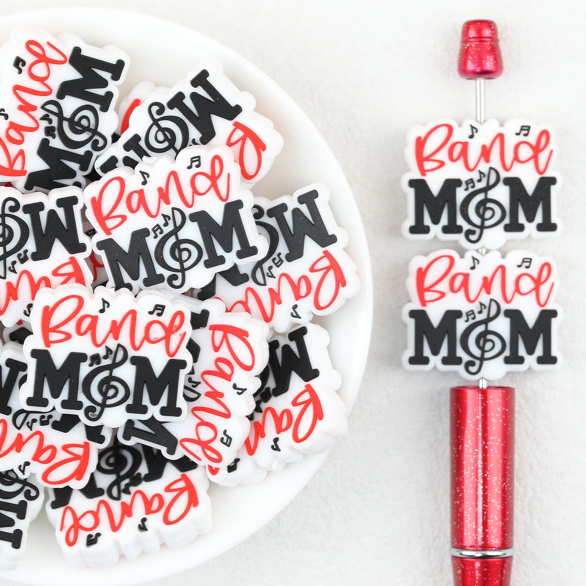 MOM Music Note Silicone Focal Beads Wholesale, Red Black White Lettering Design
