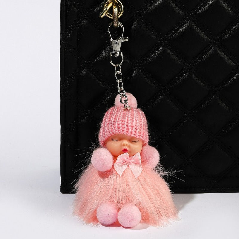 Plush Sleep Doll Keychain Soft Pom Pom Body Knitted Hat Zinc Alloy 5