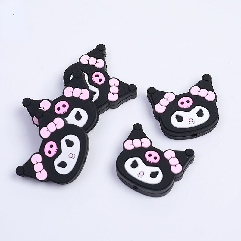 Silicone Focal Beads Kulomi Kitty Black Kitty Face with Pink Skull Bow 10pcs 3