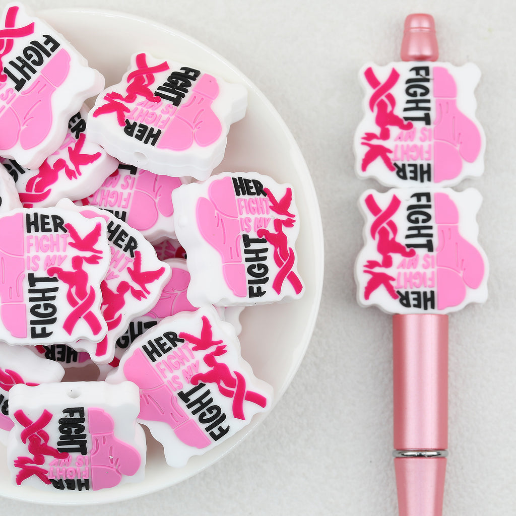 Her Fight Is My Fight Pink Ribbon Silicone Focal Beads 20Pcs 
