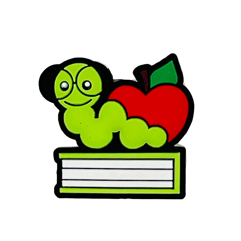 Silicone Focal Beads Caterpillar Green Critter on Apple on Book Stack 20pcs