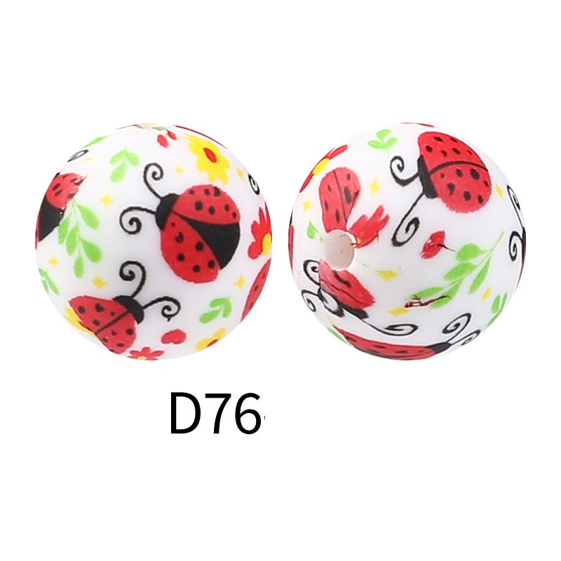 50Pcs 15mm Colored pattern printed silicone beads 78