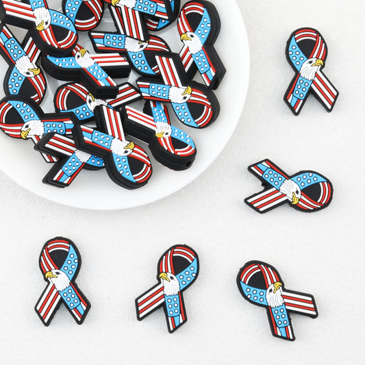 US Independence Day Ribbon Silicone Focal Beads Patriotic Design 20pcs