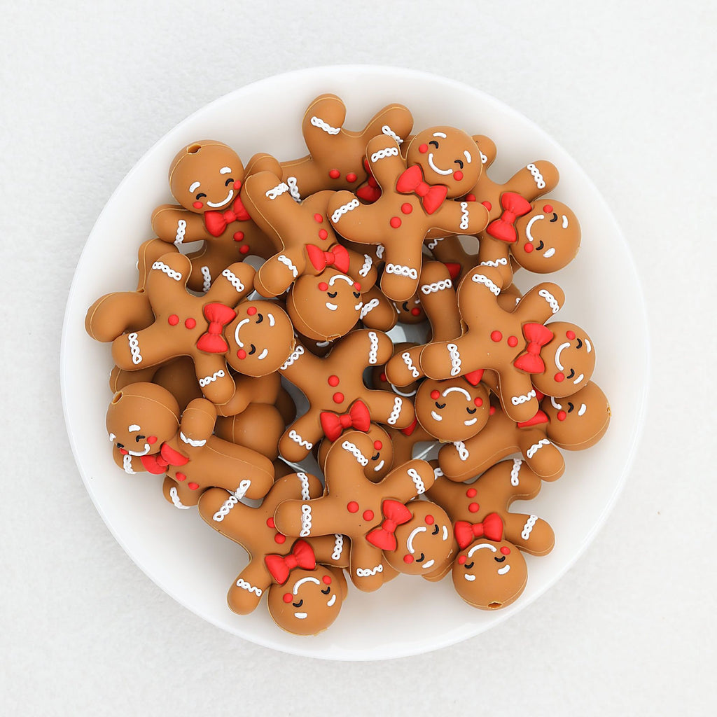 3D Gingerbread Man Red Bow Tie Silicone Focal Beads 20pcs