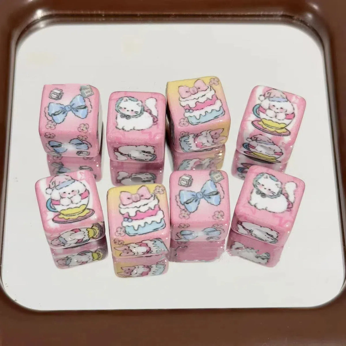 Pink Cartoon Kitten and Puppy Acrylic Square Beads 16mm 10pcs